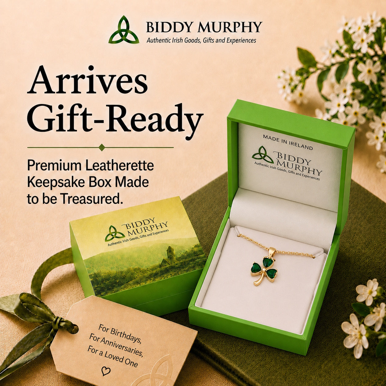 Irish Gold-Plated Shamrock Charm Necklace with Emerald Stone