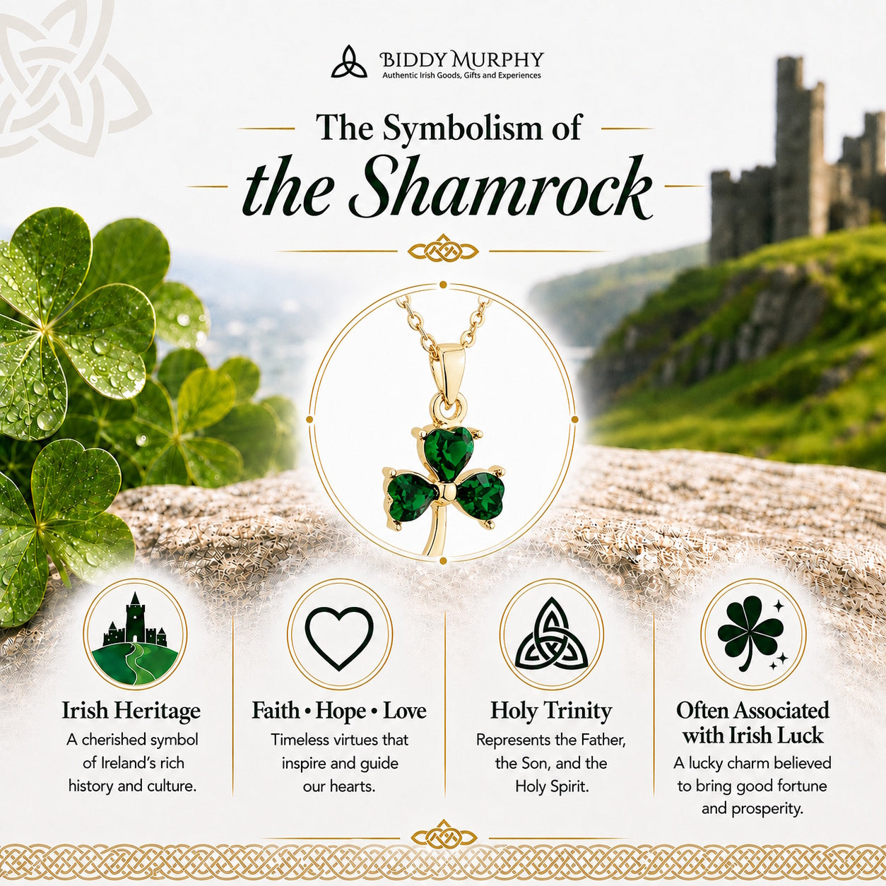Irish Gold-Plated Shamrock Charm Necklace with Emerald Stone