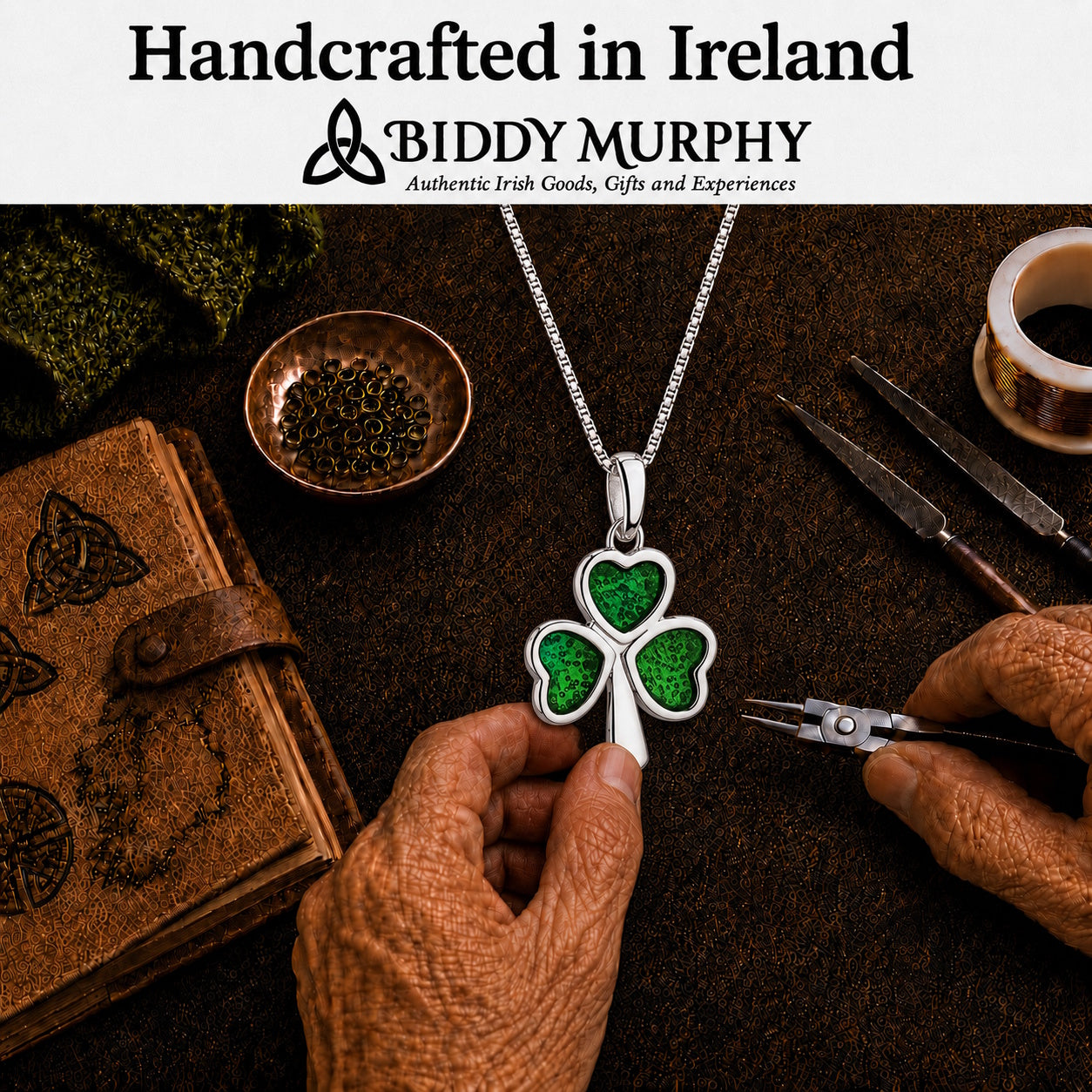 Irish Sterling Silver Shamrock Necklace with Green Enamel