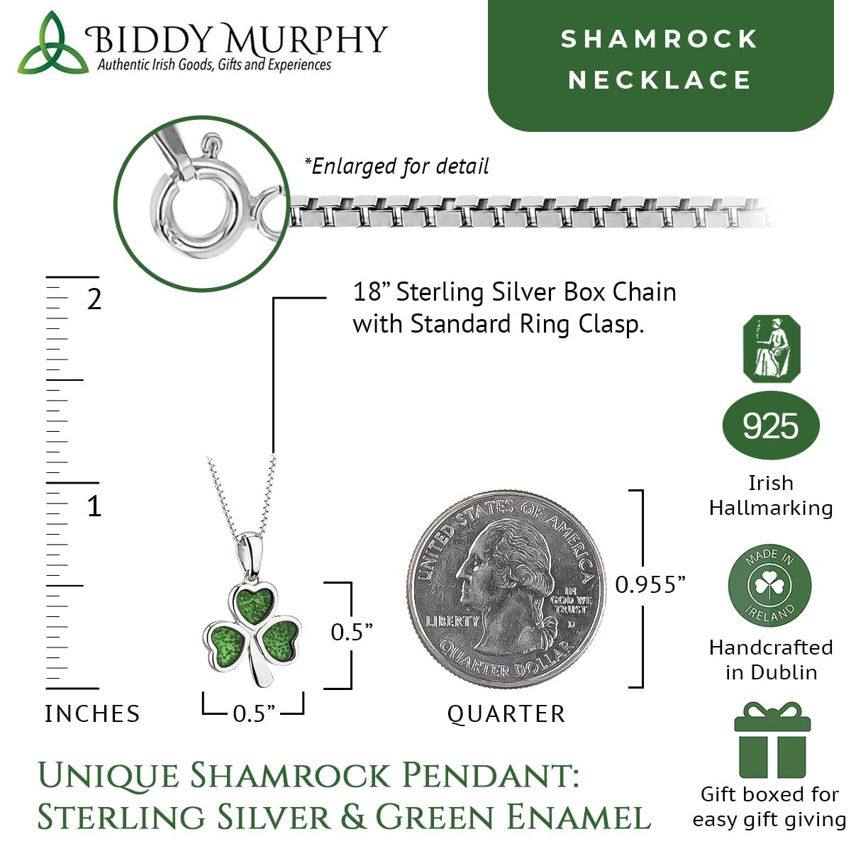 Sterling Silver Shamrock Necklace with Green Enamel