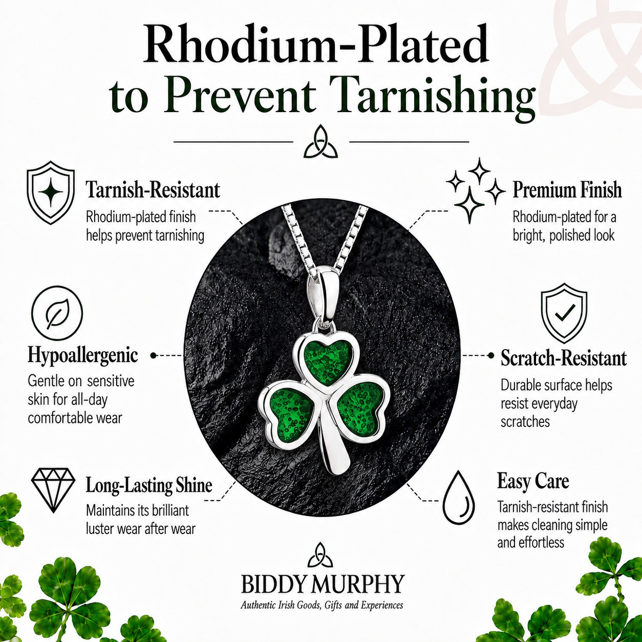 Irish Sterling Silver Shamrock Necklace with Green Enamel