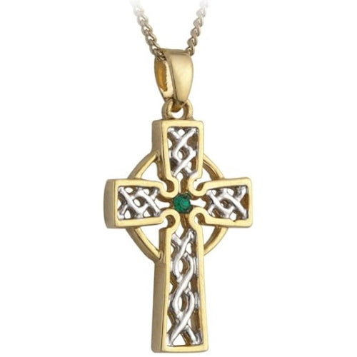 Sterling Silver & Gold-Plated Celtic Cross Irish Necklace with Emerald Green CZ Cubic Zirconia Stone & Filigree Inlay (18" Chain, Made in Ireland)