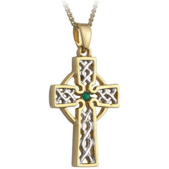 Sterling Silver & Gold-Plated Celtic Cross Irish Necklace with Emerald Green CZ Cubic Zirconia Stone & Filigree Inlay (18