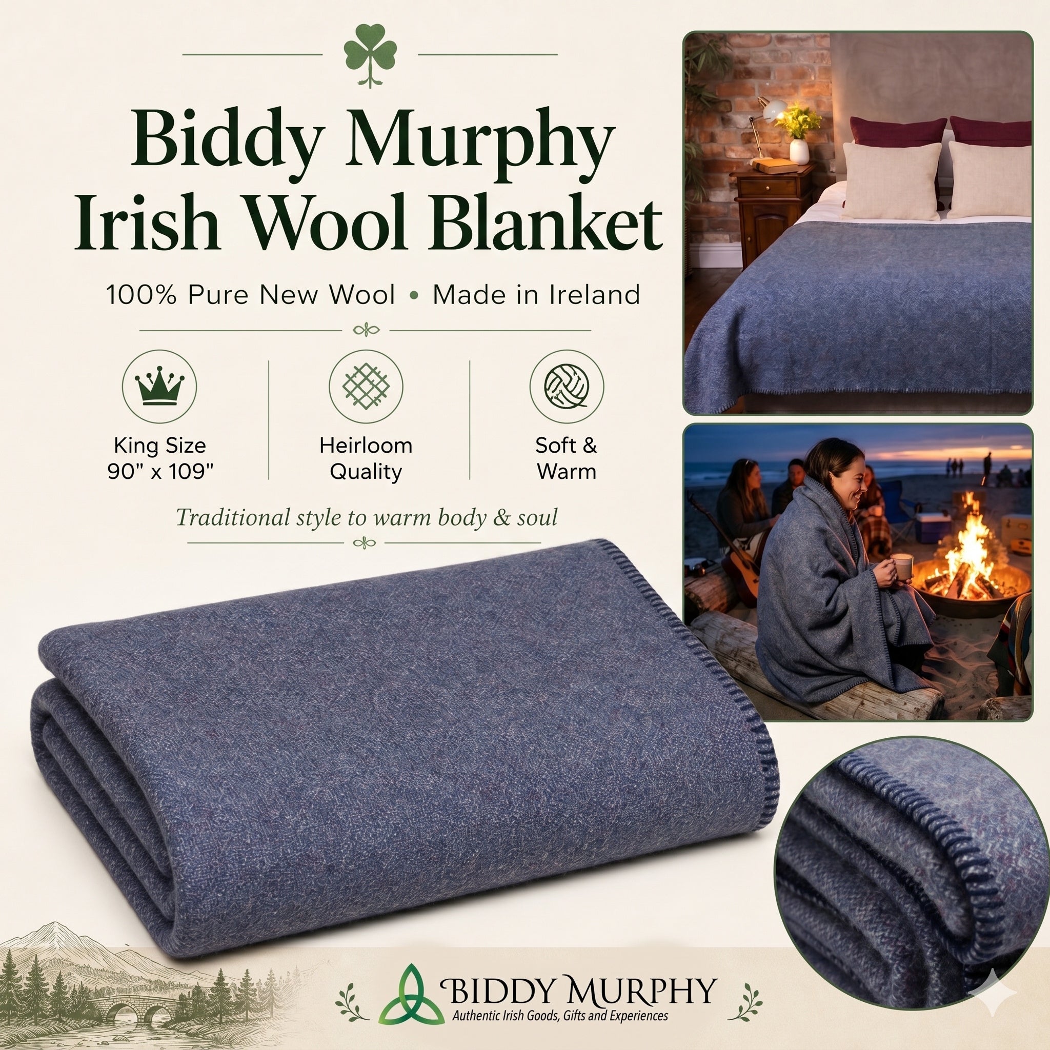 100% Irish Wool Blanket (Blackberry, Queen/King Size 108" x 90"), Made in Ireland