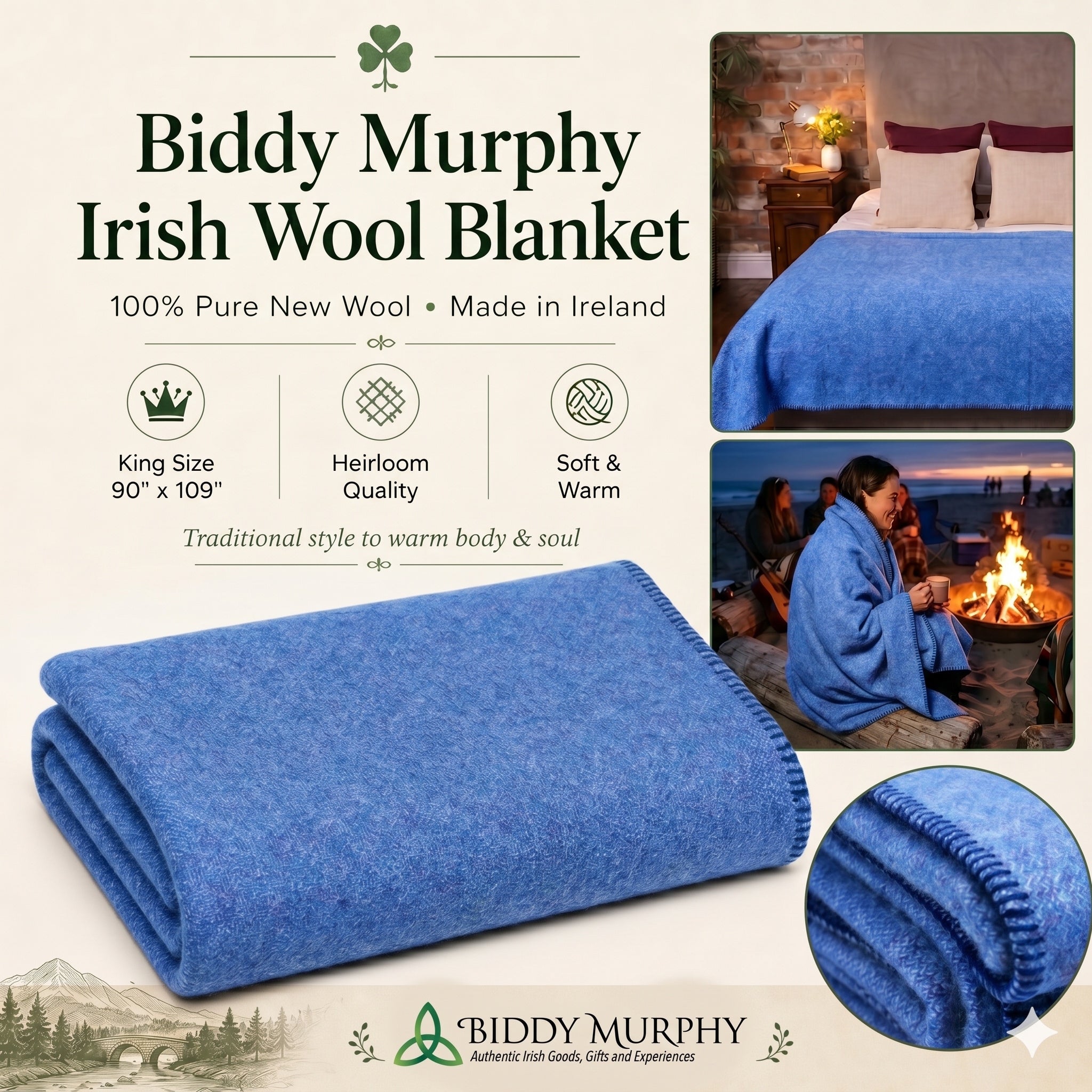 100% Irish Wool Blanket (Blue, Queen/King Size 108" x 90"), Made in Ireland