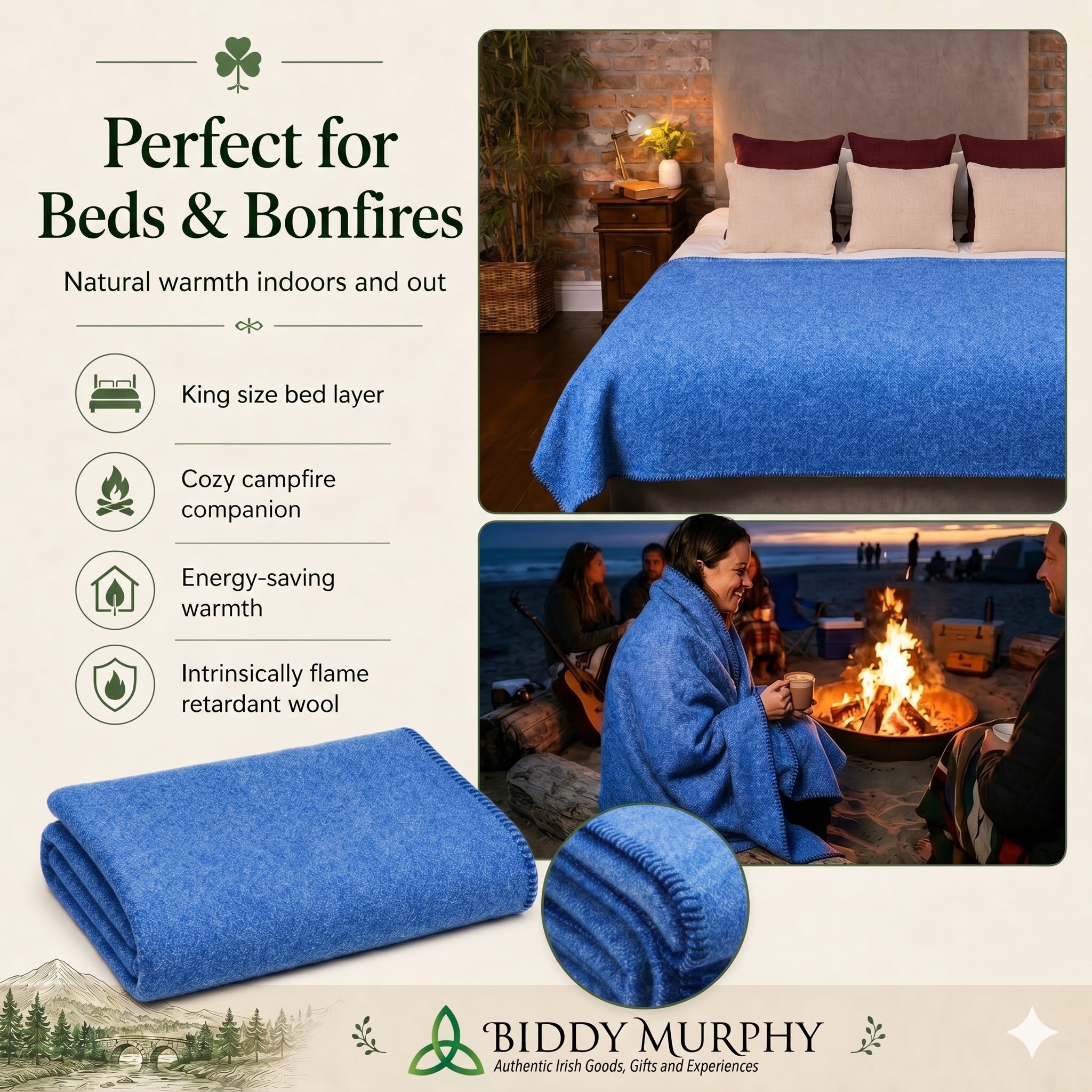 100% Irish Wool Blanket (Blue, Queen/King Size 108" x 90"), Made in Ireland