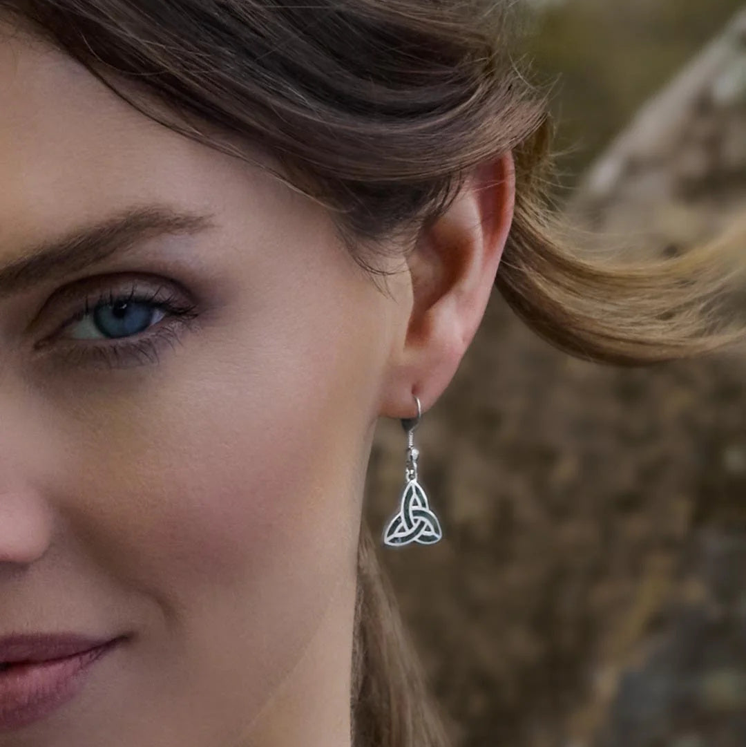 Sterling Silver Trinity Knot Drop Earrings with Connemara Marble
