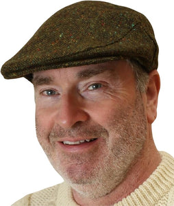 Irish Wool Newsboy Flat Cap for Men - Green Donegal Fleck, 100% Wool Vintage Hat