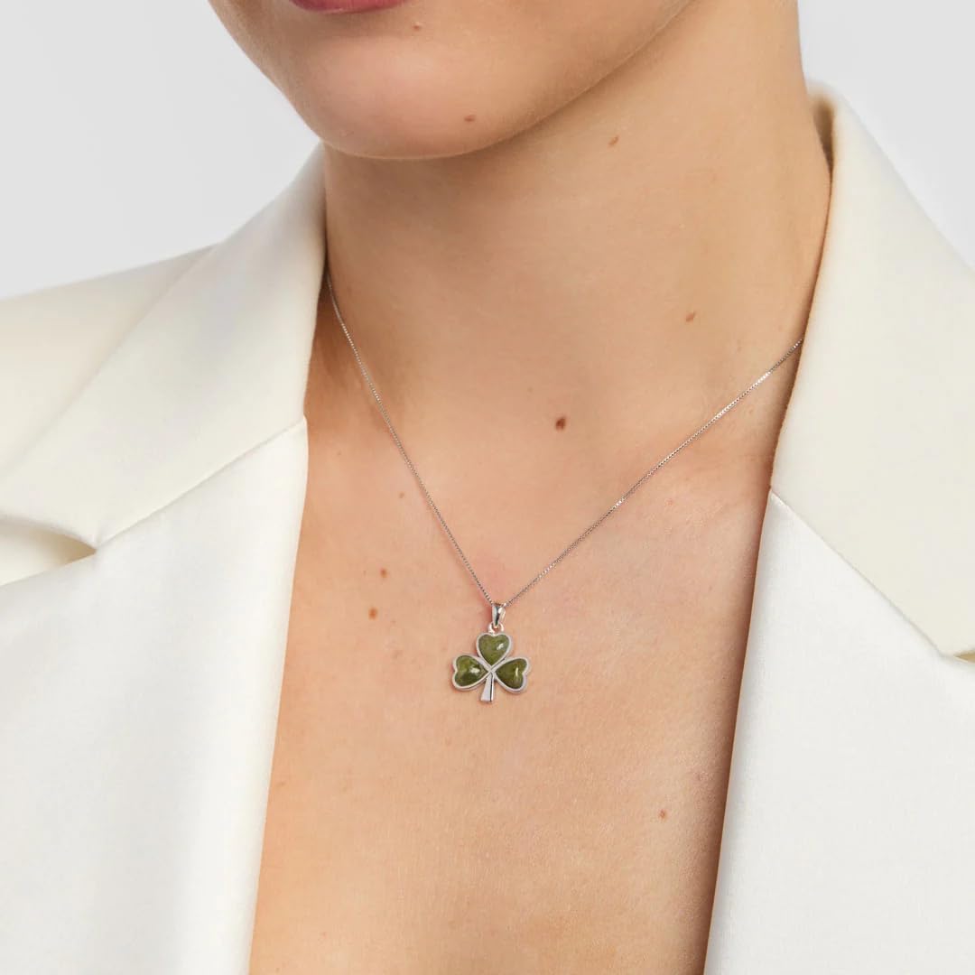 Irish Sterling Silver Connemara Marble Shamrock Necklace (3-Leaf Clover)