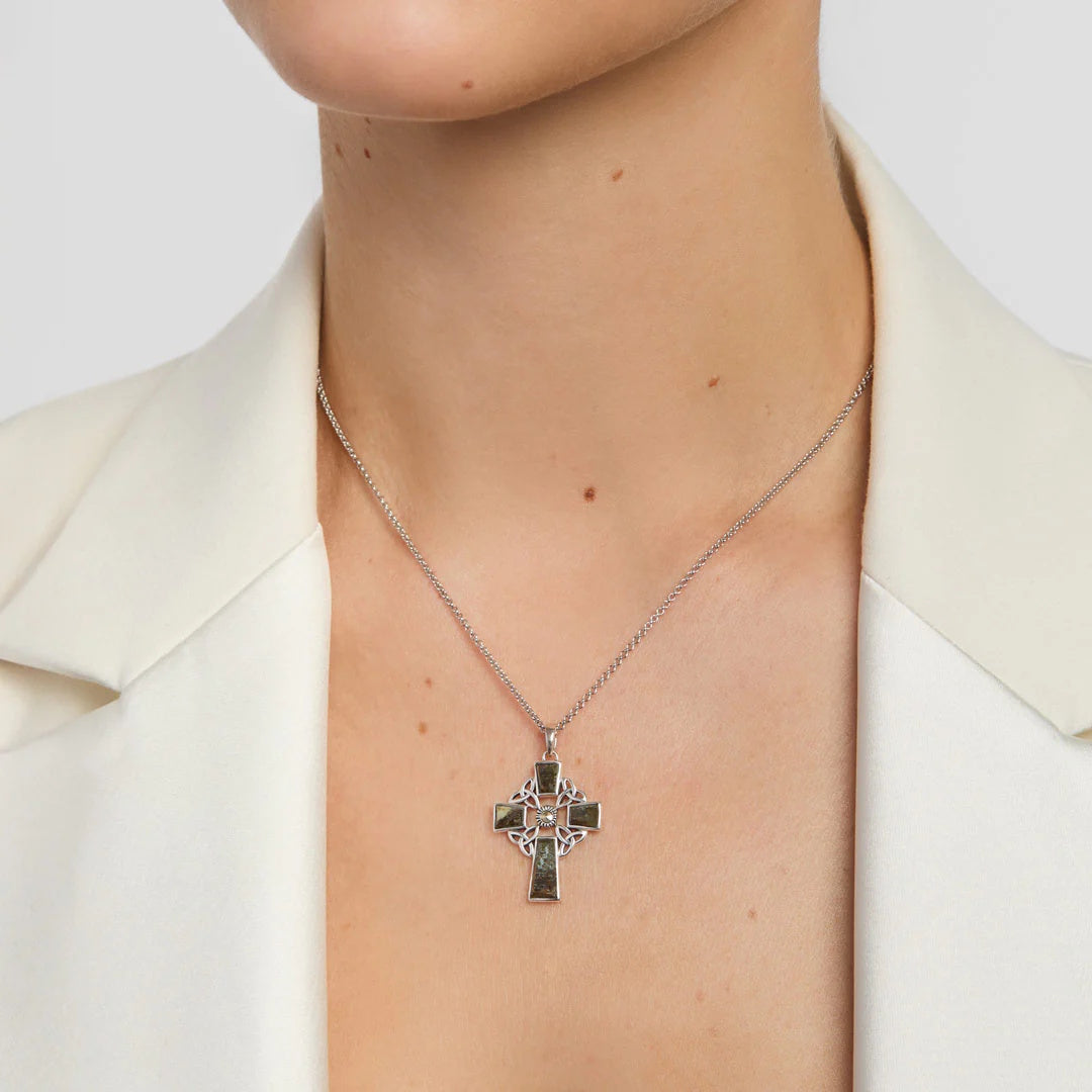 Irish Sterling Silver Connemara Marble Celtic Cross Necklace