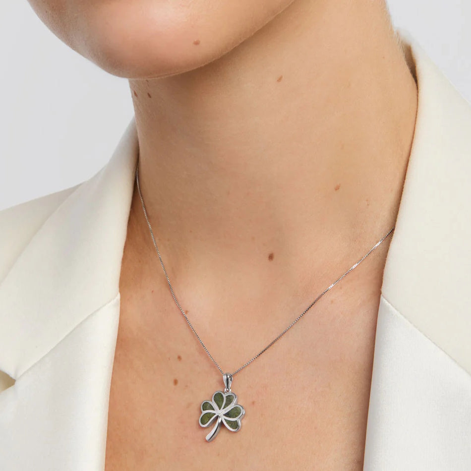 Irish Sterling Silver Connemara Marble Shamrock Necklace for Women