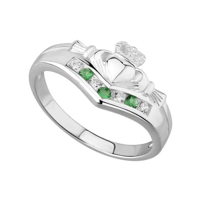 Radiant Claddagh Ring for Women: Sterling Silver & Emerald Crystals