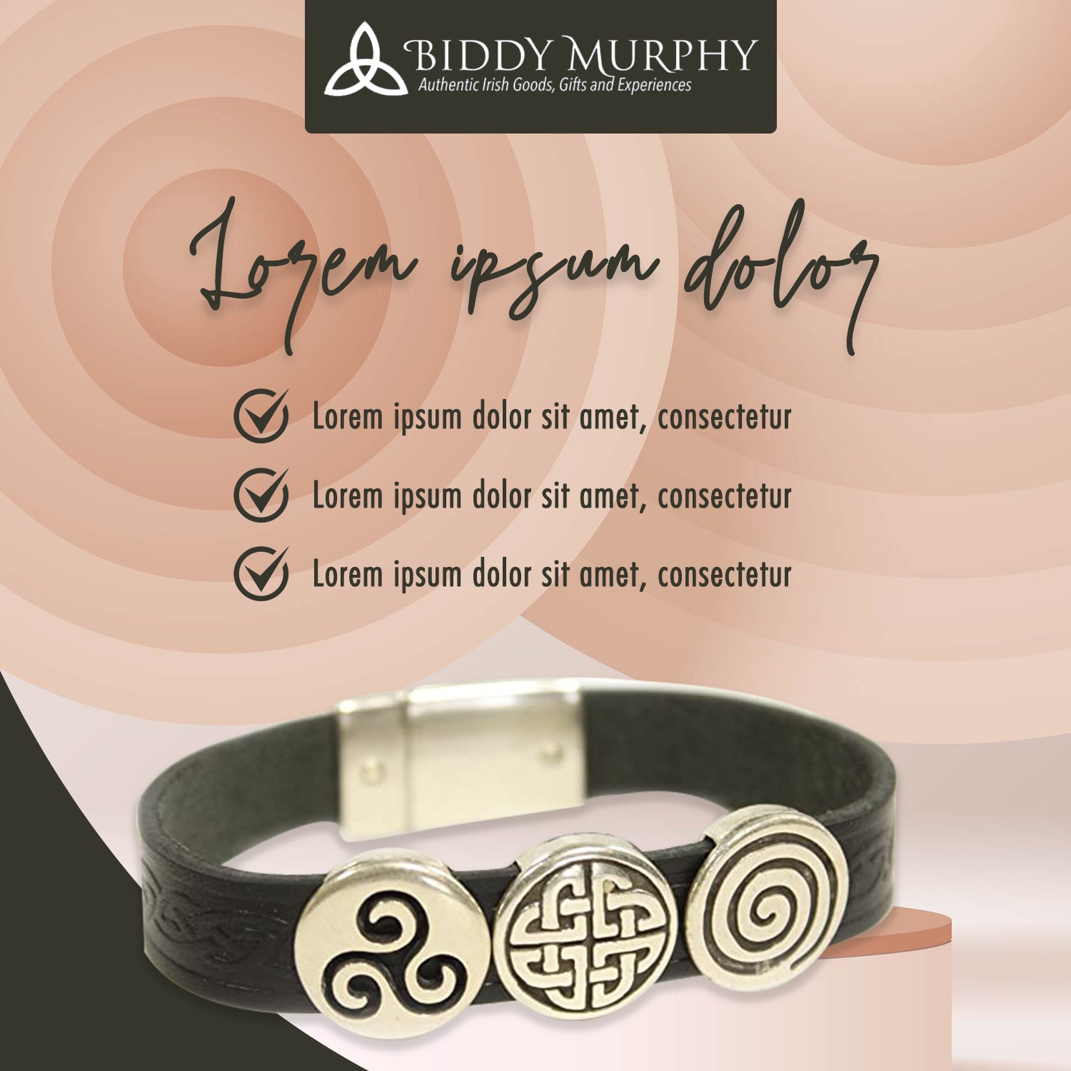 Irish Leather Bracelet Celtic Charms - Made in Ireland