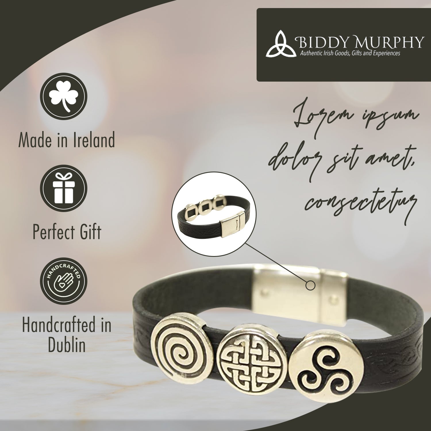 Irish Leather Bracelet Celtic Charms - Made in Ireland