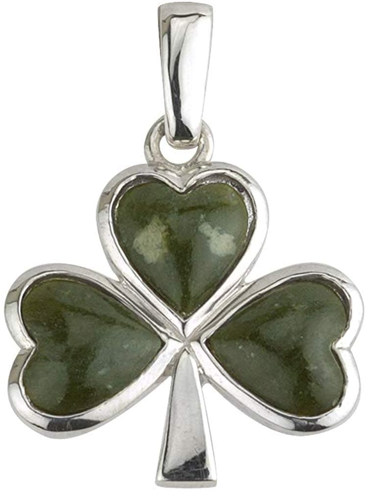 Sterling Silver Shamrock Necklace with Connemara Marble (Three-Leaf Clover Pendant and 18" Chain)
