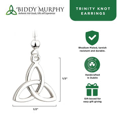 Trinity Knot Earrings Rhodium Plated Drop Made by Our Maker-Partner in Co. Dublin