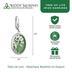 Irish Green Tree of Life Drop Earrings in Rhodium