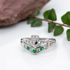 Radiant Claddagh Ring for Women: Sterling Silver & Emerald Crystals