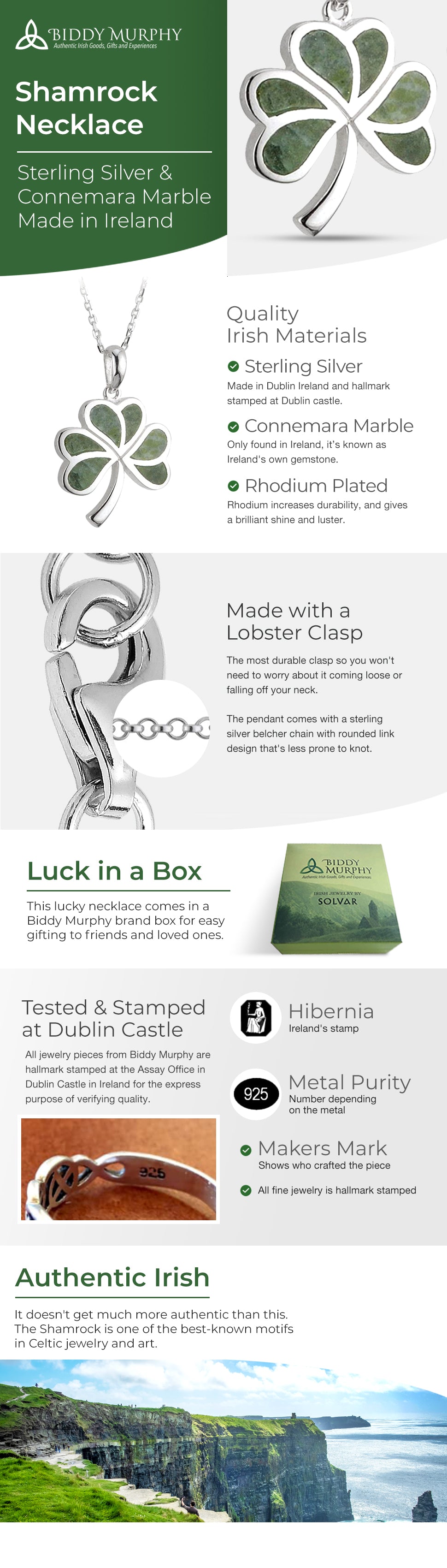 Authentic Sterling Silver Shamrock Pendant with Connemara Marble
