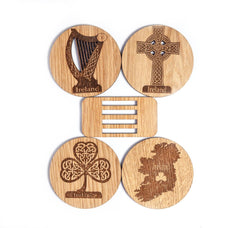 Irish Coasters for Drinks Set of Four Coasters Set Made of Irish Oak Shamrock Harp Celtic Cross Ireland Coasters Made in Ireland