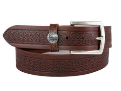 Men's Italian Leather Embossed Belt, Irish Celtic Design, Imported 1.5 Inch - Brown