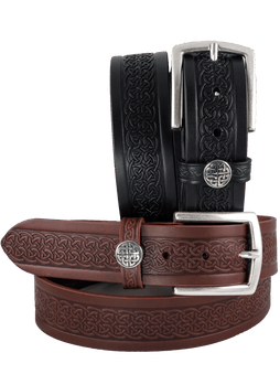 Men's Italian Leather Embossed Belt, Irish Celtic Design, Imported 1.5 Inch -  Black