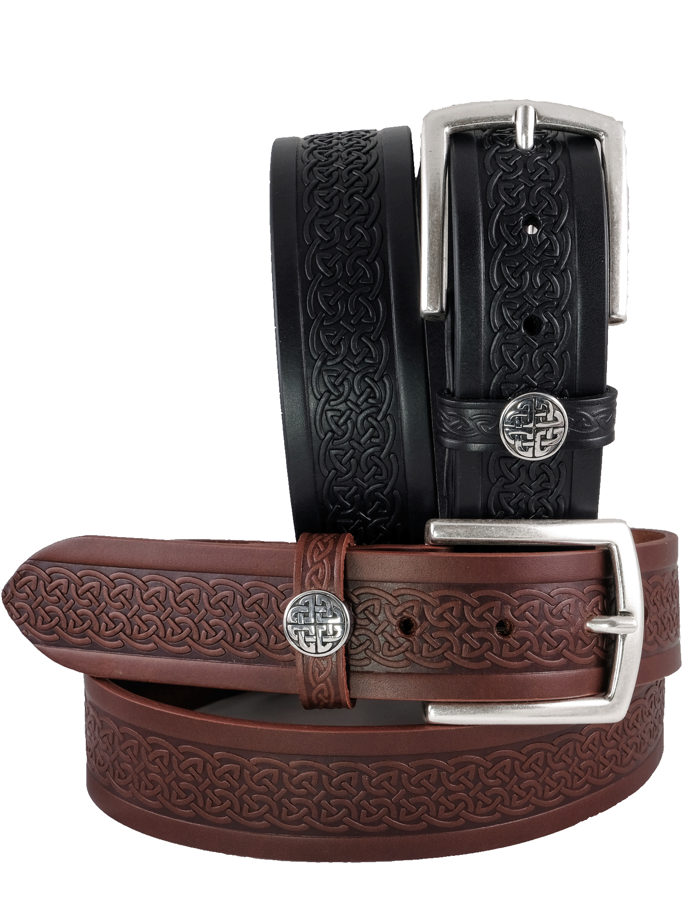 Men's Italian Leather Embossed Belt, Irish Celtic Design, Imported 1.5 Inch - Brown