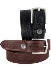 Men's Italian Leather Embossed Belt, Irish Celtic Design, Imported 1.5 Inch - Brown