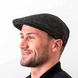 Irish Donegal Tweed Newsboy Flat Cap - Charcoal, 100% Wool Hat With Curved Peak