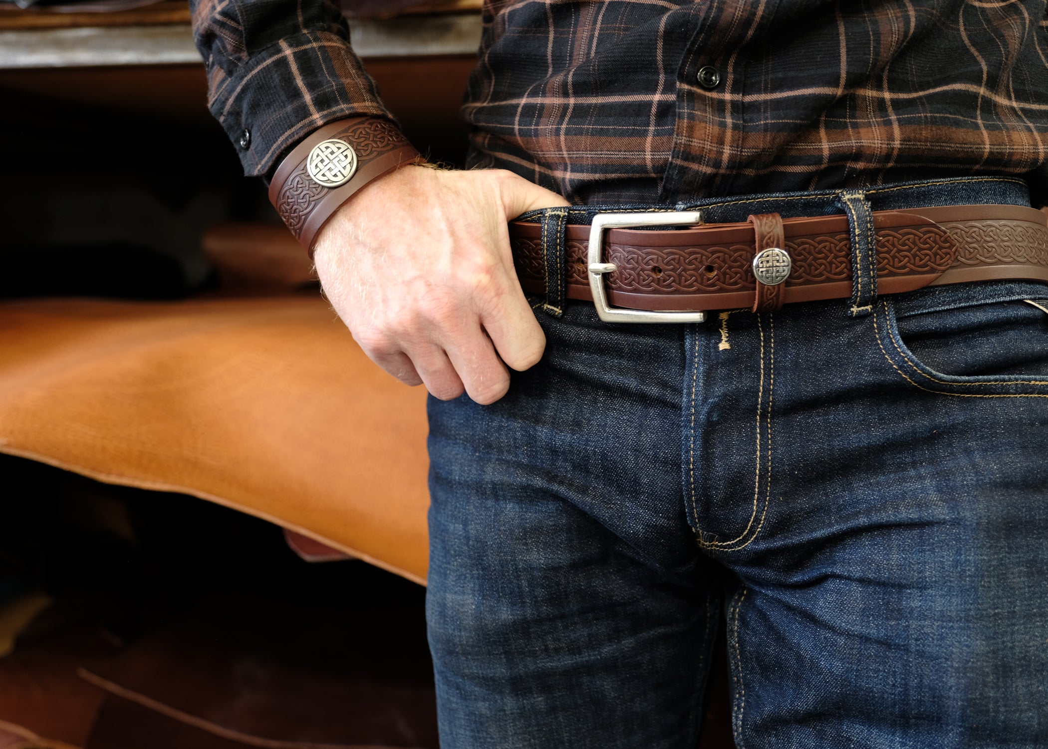 Men's Italian Leather Celtic Embossed Dress Belt, Imported, 1.25 Inch - Black