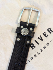 Men's Italian Leather Embossed Belt, Irish Celtic Design, Imported 1.5 Inch -  Black