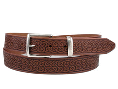 Men's Italian Leather Celtic Embossed Dress Belt, Imported, 1.25 Inch - Brown