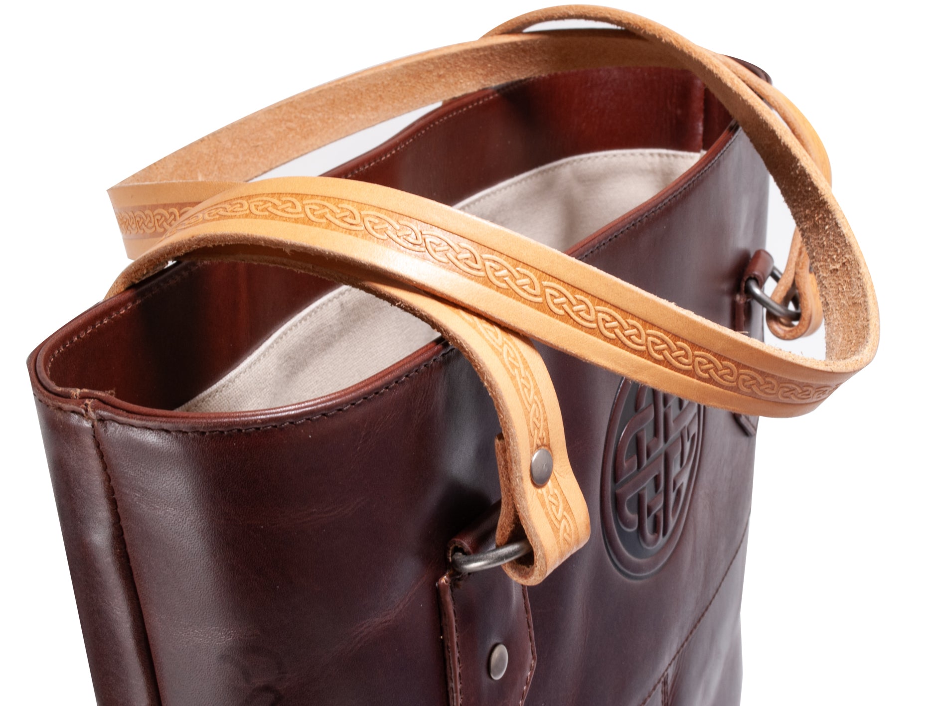 Italian Leather Shoulder Tote Bag, Celtic Embossed Handbag,  Handcrafted in Ireland