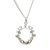 Irish Symbols Sterling Silver Necklace: Heart, Shamrocks & Claddagh