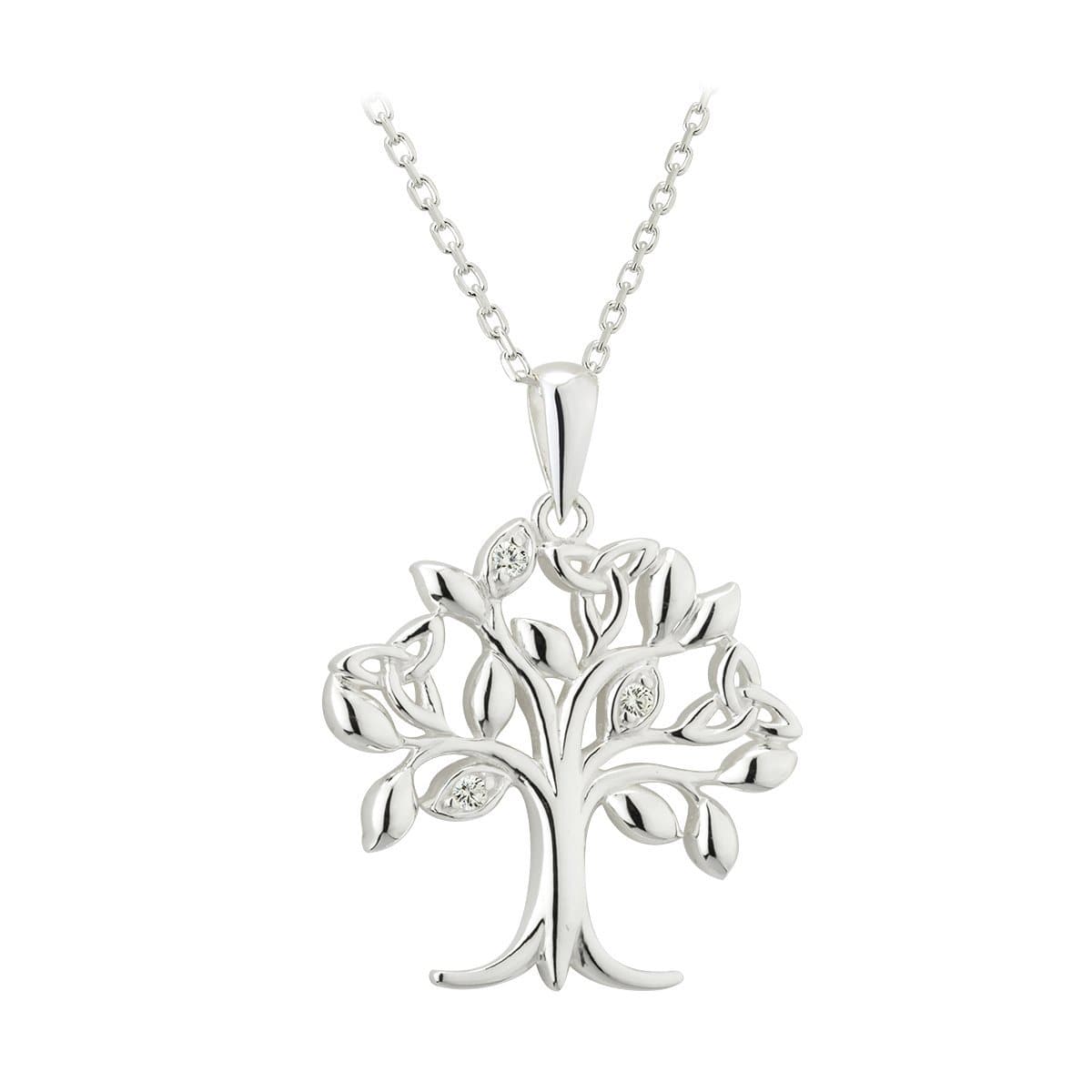 Silver Tree of Life Necklace with Trinity Knots & Crystals