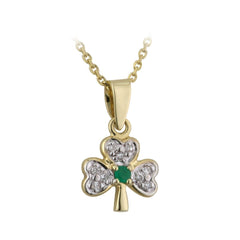 14K Gold Diamond Shamrock Pendant with Emerald