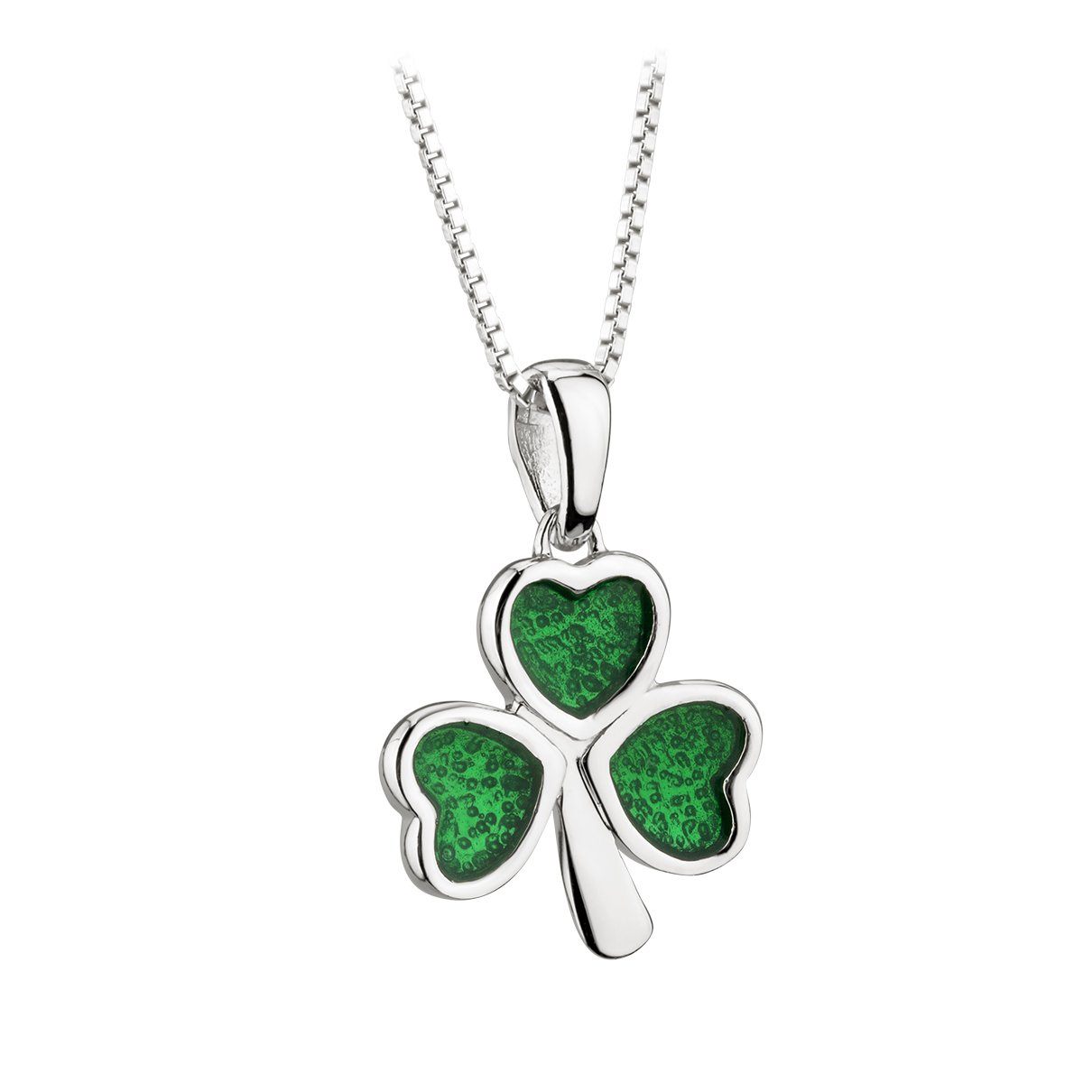 Shamrock Necklace Sterling Silver Green Enamel Sturdy 18" Box Chain Irish Necklace Lucky Irish Gift Crafted by Our Maker-Partner in Co. Dublin