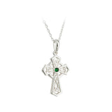 Sterling Silver Celtic Cross Pendant with Trinity Knot and Green Gem